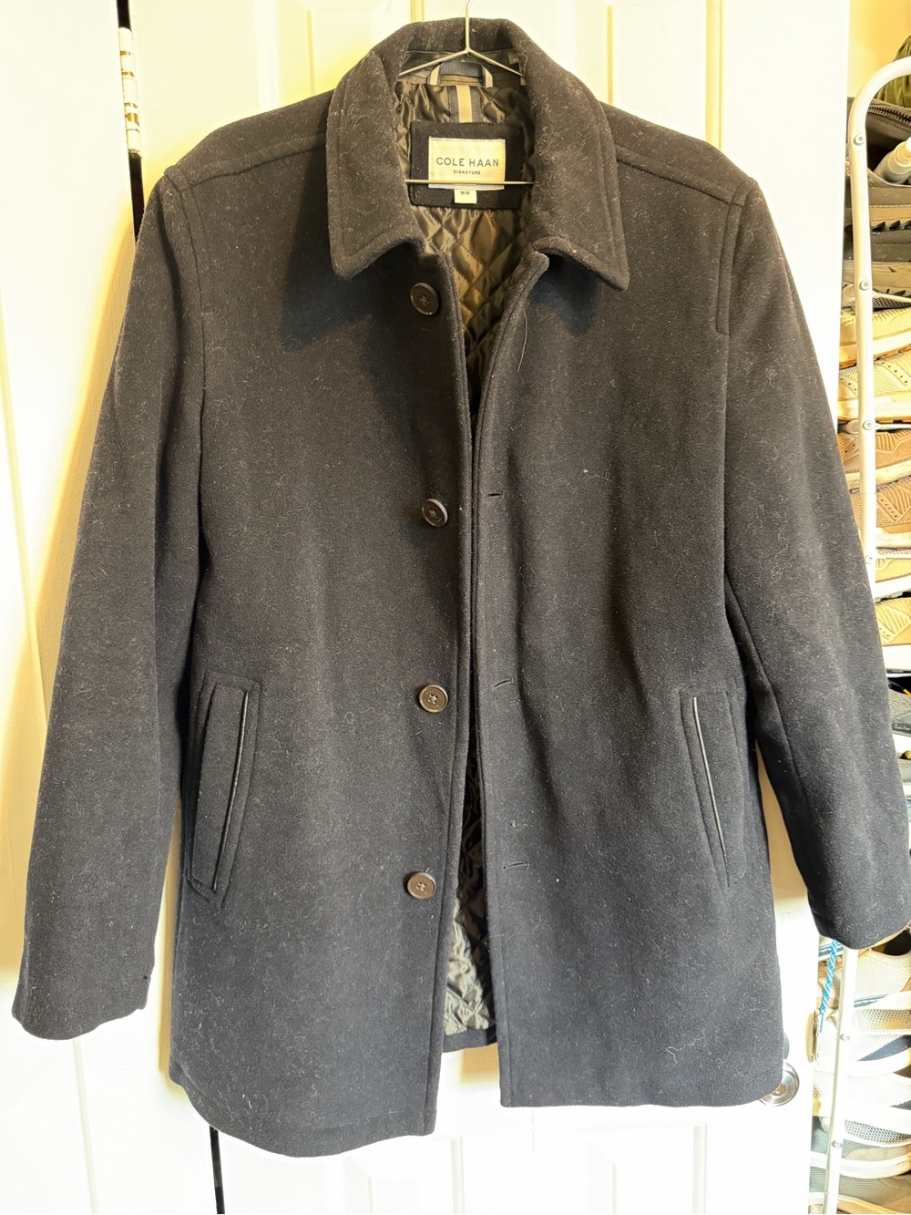 Cole Haan Men's Dark Blue Wool Blend Pea Coat with Quilted Lining